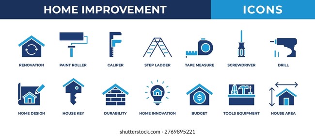 Home improvement icon set. Contains blue icons related to renovation, drill, durability, step ladder, screwdriver, and more.