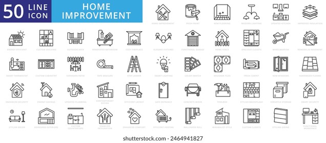 Home Improvement Icon Set mit frischer Farbe, neuen Bodenbelägen, moderner Beleuchtung, aktualisierter Küche, Isolierung und energieeffizient.