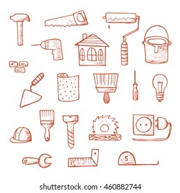 Home improvement icons. Hand Drawn Doodle Tools. Housework.