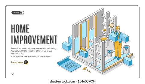 Home improvement isometric landing page. Construction repair service worker with tools make house renovation paint walls. Engineering architect building company 3d vector web banner template, line art