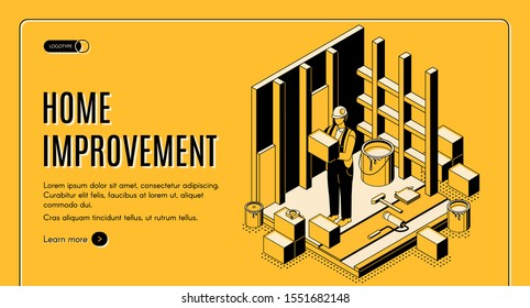 Home Improvement Isometric Landing Page. Construction Repair Service Worker With Tools Make House Renovation Paint Walls. Engineering Architect Building Company 3d Vector Web Banner Template, Line Art