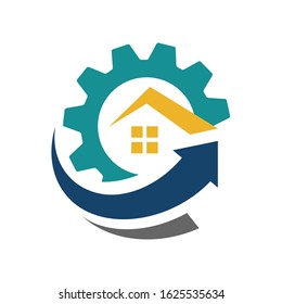 home improvement logo design vector with house roof icon and up arrow symbol