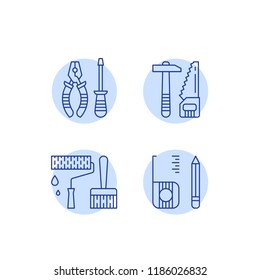 Home improvement project plan, manual work instruments, house repair tool, renovation design, hammer saw symbol, pliers and screwdriver, roller paint and brush, construction equipment vector line icon