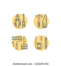 Home improvement project plan, manual work instruments, house repair tool, renovation design, hammer saw symbol, pliers and screwdriver, roller paint and brush, construction equipment vector line icon