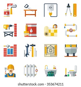 Home Improvement Renovation And Repair Service Tasks Tools And Utensils Flat Icons Set Abstract Vector Isolated Illustration