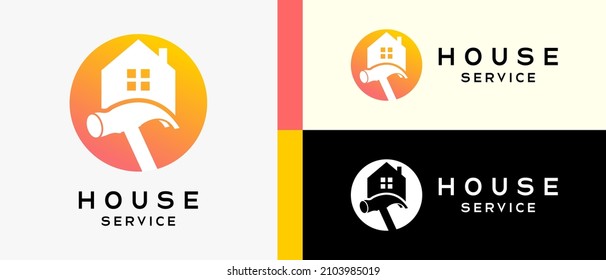 Home Improvement Renovation Service Logo Template. Hammer And House Icon In Dots. Premium Vector Logo Illustration