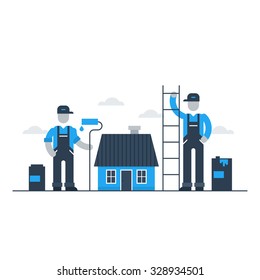 Home improvement and renovation services, contractor and manual worker, vector flat illustration