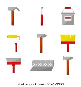 Home improvement and repair colorful icon set. Construction process and tools. Isolated elements on white background. Vector illustration.