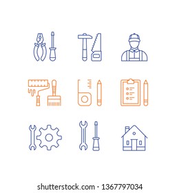 Home improvement repairman, manual work service, house repair tool, renovation design, hammer saw symbol, pliers and screwdriver, roller paint and brush, construction equipment vector line icon