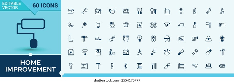 Home Improvement thin line icon set. Contains such icons as equipment, tool, web, spanner, repair, cut, building, paint. Flat UI icon design. Vector line and solid icons.