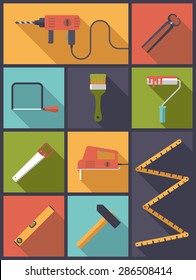 Página inicial ferramentas de melhoria Ícones planos Ilustração de vetor. Ilustração de design plano vertical com vários ícones relacionados a DIY