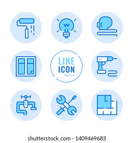 Home Improvement Vector Line Icons Set. Home Renovation, Floor Plan, Drill, Repair Outline Symbols. Modern Simple Stroke Graphic Elements. Round Icons