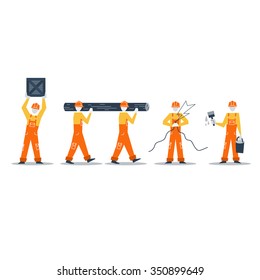 Home improvement workers. Construction workers, volunteers in jumpsuit, builders at work, vector flat illustration