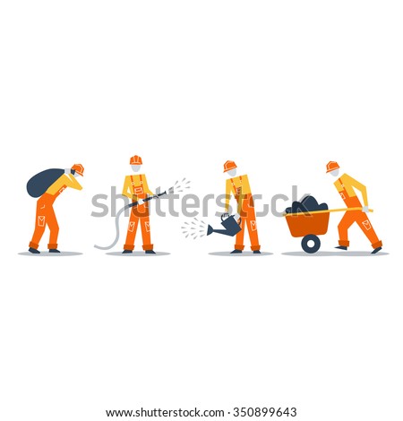 Home improvement workers. Construction workers, volunteers in jumpsuit, builders at work, vector flat illustration