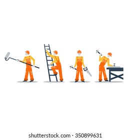 Home improvement workers, house renovation, apartment reconstruction, roller paint, ladder, hammer, construction workers, volunteers in jumpsuit, vector flat illustration