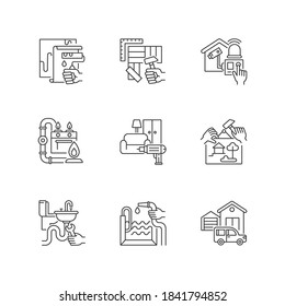 Mejoras en el hogar iconos lineales establecidos. Pintura de pared. Suelo. Decoración casera. Edificio de garaje. Construcción de piscinas. Símbolos de contorno de línea delgada personalizables. Ilustraciones de contorno vectorial aisladas