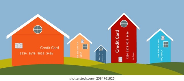 Home improvements, utility bills and repair expenses can end up on your credit card. Here is an illustration about that situation showing homes that have credit card facades. 