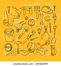 Home improvment construction tools hand drawn vector set