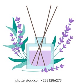 Home incense, aroma diffuser. Aromatherapy. Lavender flower fragrance. Vector illustration of bottle isolated on a white background for web design
