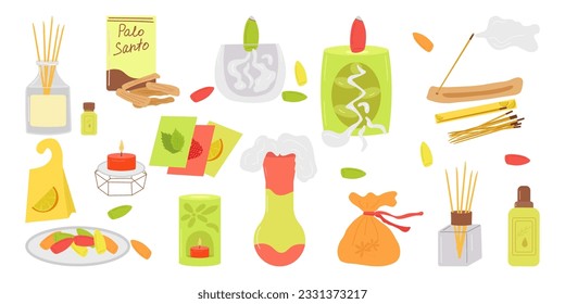 Home incense, aroma diffuser. Aroma lamp, sticks, sachets, aromatic oils and candles. Vector illustration.