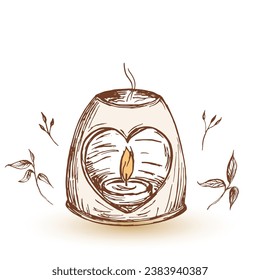 Home incense, aroma lamp. Aromatherapy Vector illustration. Leaves surround lamp. Cozy design of warm incense.
