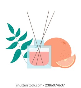 Hausgemachte Weihräuche, Zitrusaromadiffusor. Aromatherapie. Orangefarbener Duft. Vektorgrafik der Flasche einzeln auf weißem Hintergrund für Webdesign