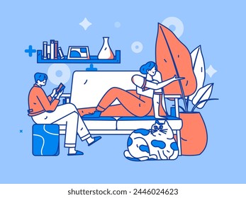Home indoor character scene flat vector concept operation hand drawn illustration
