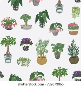 home indoor plants vector hand drawn seamless pattern