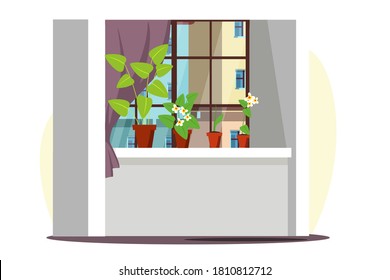 Home inerior design of window with plants. Inside modern cozy flat, retro decor. Calm peaceful house apartment background, wallpaper, city illustration vector.