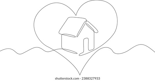 Home is inside the heart. House. Human heart. Logo heart house. One continuous line drawing. Linear. Hand drawn, white background. One line.