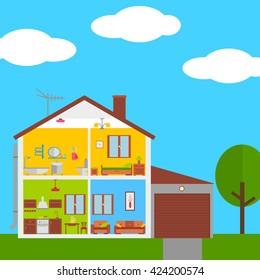 Home inside interiors. Vector illustration. Flat design two-storey modern house with garage in cut. Rooms with furniture.