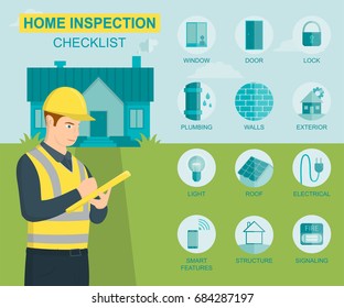 Home Inspection Infographics And Tips. House Examination Icons Set. Vector Illustration.