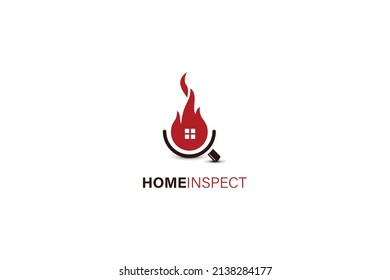 Home Inspection logo template, security and protection of home from fire. Real Estate logo design icon. House fire vector logo design template.