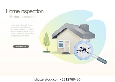 Home inspection. Magnifying glass detect cracked on house. Defected and unqualified home. 3D Vector.