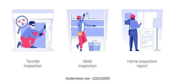 Home Inspection Service Isolated Concept Vector Illustration Set. Termite Inspection, Mold Testing, Home Safety Check Report, Visual Examination Of Property, House Pest Control Vector Cartoon.