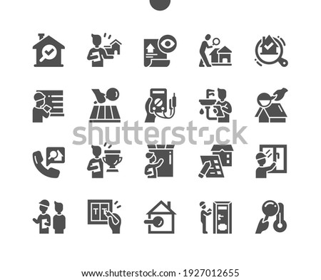 Home inspections. Checking home. Electrical wiring test. Agent, investigation, detection, inspector, home, improvement and building. Service and support. Vector Solid Icons. Simple Pictogram