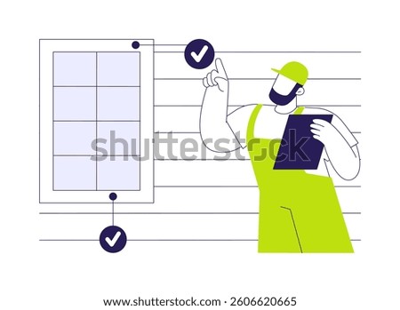 Home inspector abstract concept vector illustration. Man examines home condition outdoors, inspection service worker, private house construction, residential area building abstract metaphor.