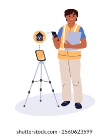 Home inspector doing a radon test. National Radon Action Month. Vector illustration in flat cartoon style