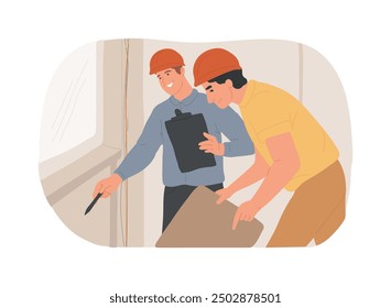 Home inspector isolated cartoon vector illustrations. Technical college student and teacher in helmets check new home, educational process, associate degree, property malfunction vector cartoon.