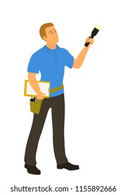 Home Inspector Man Examining House Condition With Flashlight To Write A Report. Male Caucasian Home Inspection Professional Full Length Vector Flat Character Illustration Isolated On White Background