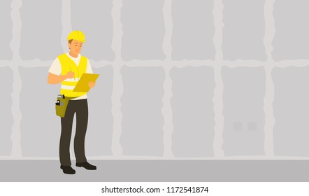 Home inspector man finished frame house building check and writing condition report. Male caucasian inspection professional full length vector flat character illustration on gypsum drywall background