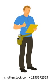 Home Inspector Man Finished House Check And Writing House Condition Report. Male Caucasian Home Inspection Professional Full Length Vector Flat Character Illustration Isolated On White Background