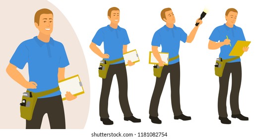 Home inspector man poses set for infographics or advertisement. Male caucasian home inspection professional. Set of full length vector flat characters isolated on white background