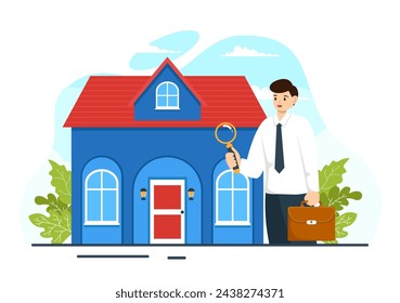 Home Inspector Vector Illustration mit prüft den Zustand des Hauses und schreibt einen Bericht für die Instandhaltungsmietsuche im flachen Hintergrund