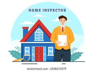 Home Inspector Vector Illustration mit prüft den Zustand des Hauses und schreibt einen Bericht für die Instandhaltungsmietsuche im flachen Hintergrund
