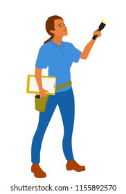 Home Inspector Woman Examining House Condition With Flashlight To Write A Report. Female Caucasian Home Inspection Professional Full Length Vector Flat Character Isolated On White Background