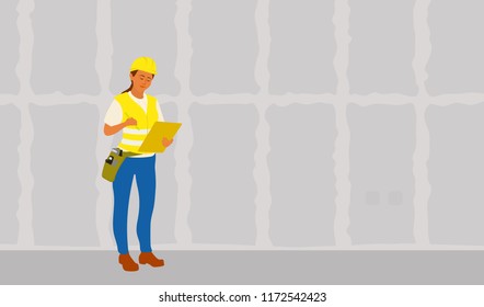 Home inspector woman finished frame house building check and writing condition report. Female hispanic inspector full length vector flat character illustration on gypsum drywall background