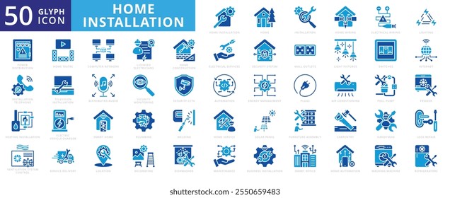 Home installation icon set with construction, internet, telephone, television, carpentry, service, maintenance, plumbing, automation, lighting, welding, washing machine, freezer, and solar panel