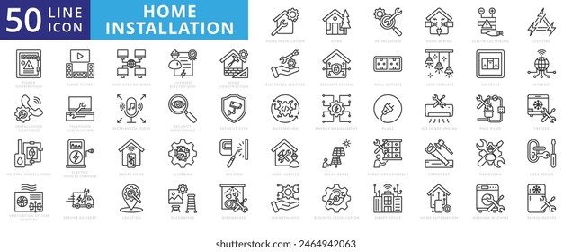 Home Installation icon set with installation, wiring, electrical, lighting, power distribution, telephone and heating.