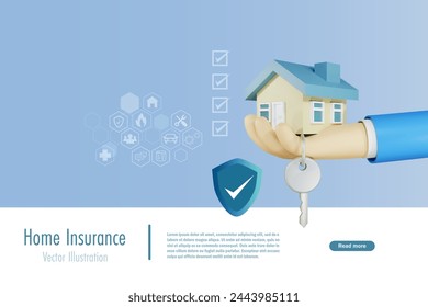 Home insurance. Agent hand holding house with protection shield. 3D vector created from graphic software.